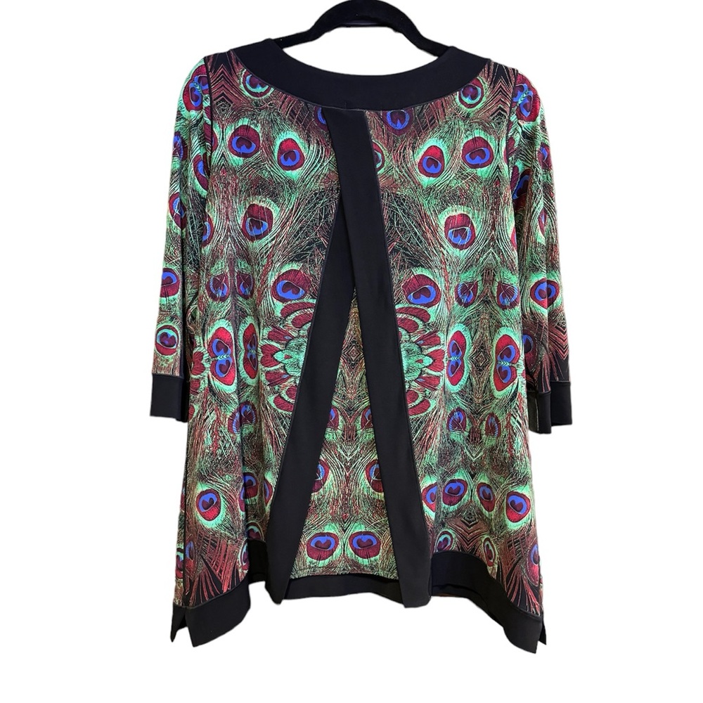 Eva Varro Green Peacock Print Tunic Top Shirt Sz S Small V Open Back Abstract - Picture 7 of 8